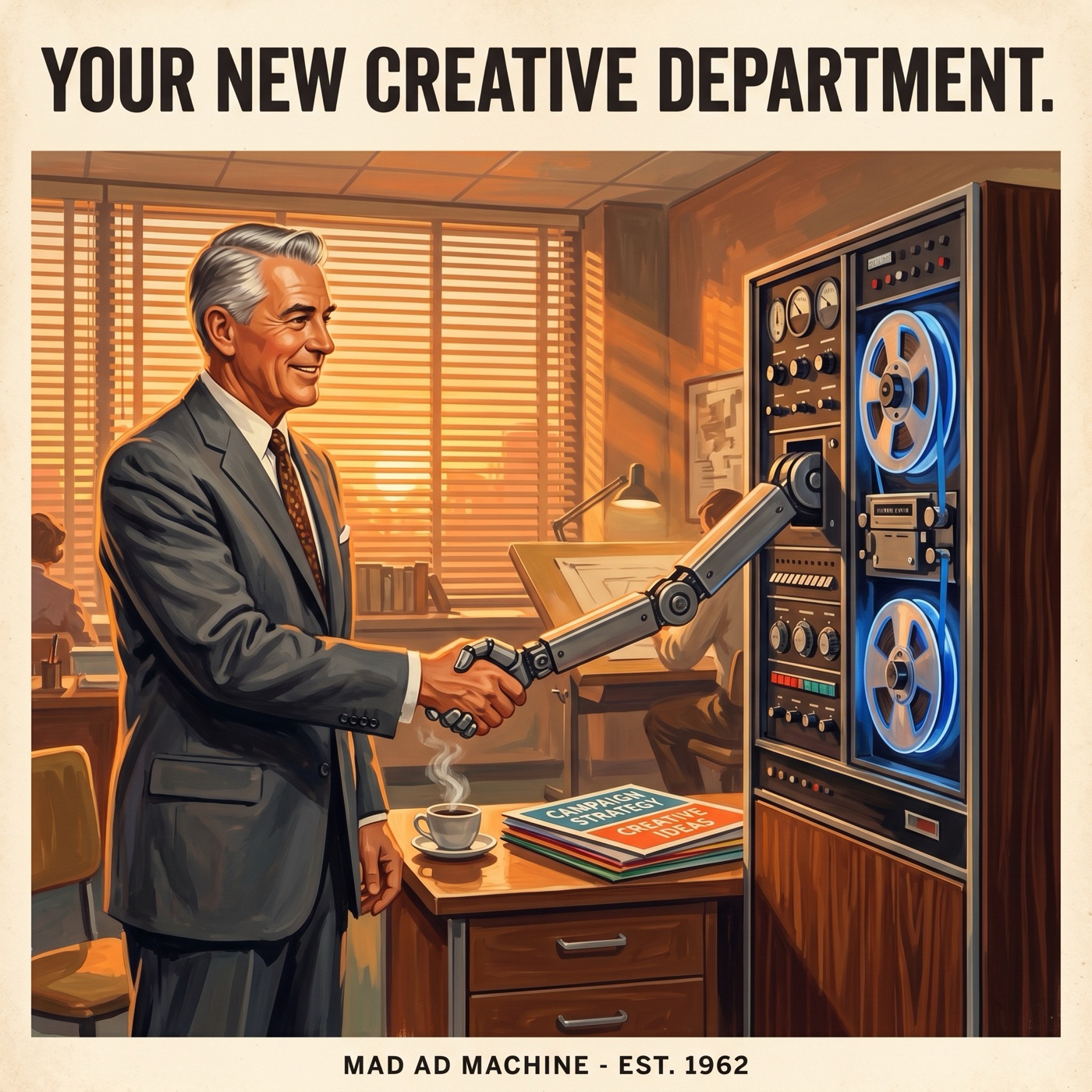 Bureau poster: an executive shaking the mechanical hand of the Machine. Headline: Your New Creative Department.